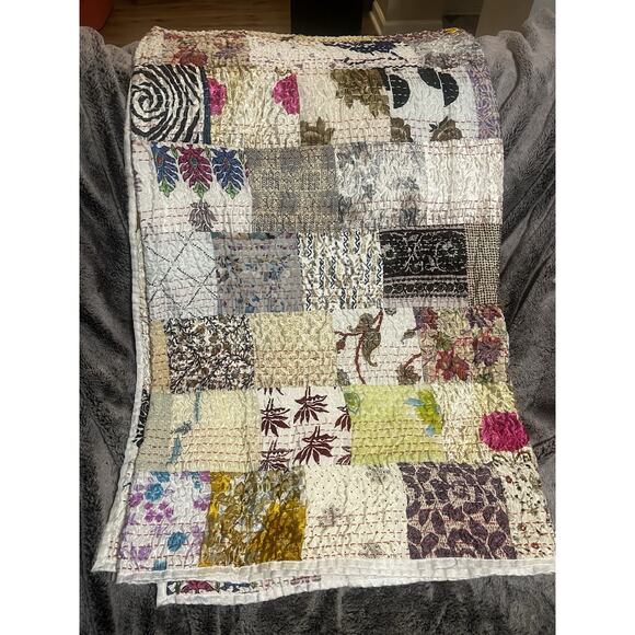 Handmade Kantha Quilt Vintage Boho Throw Blanket Bedspread 96x84 in Hippie Decor - Picture 8 of 8
